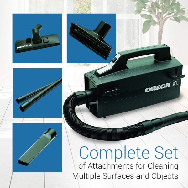 The Oreck Super Deluxe Canister Vacuum Cleaner is a versatile cleaning tool, weighing only 5 pounds. It comes with a full set of attachments for various surfaces, from high ceilings to delicate art objects. Equipped with hypoallergenic disposable dust bags, it ensures a dust-free cleaning experience.