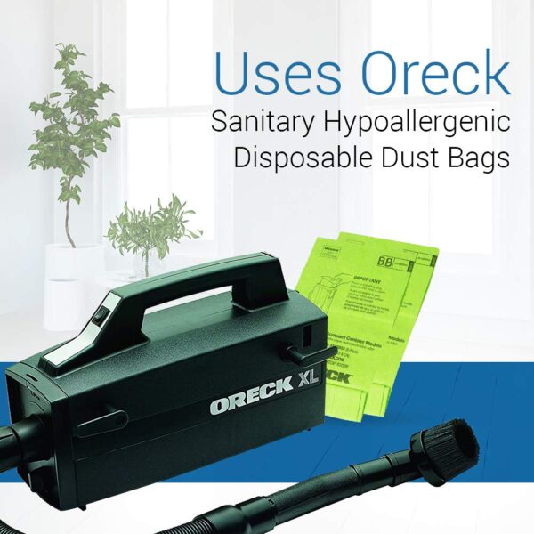 The Oreck Super Deluxe Canister Vacuum Cleaner is a versatile cleaning tool, weighing only 5 pounds. It comes with a full set of attachments for various surfaces, from high ceilings to delicate art objects. Equipped with hypoallergenic disposable dust bags, it ensures a dust-free cleaning experience.