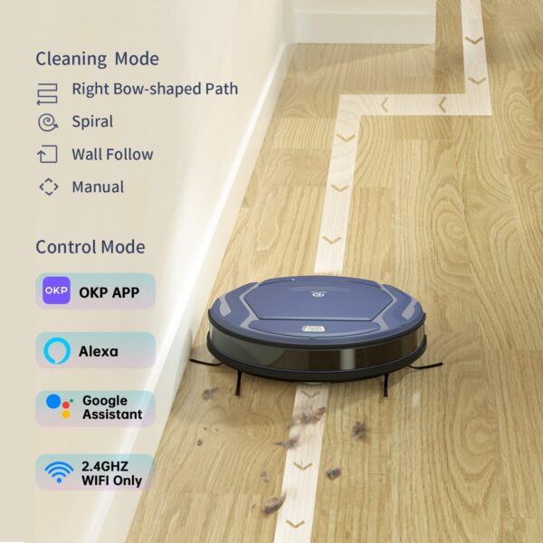 OKP Robot Vacuum Cleaner Tangle-Free 2200Pa Suction Slim Low Noise App Control 120 Mins Runtime Self-Charging Pet Hair Hard Floor Cleaning - Image 3