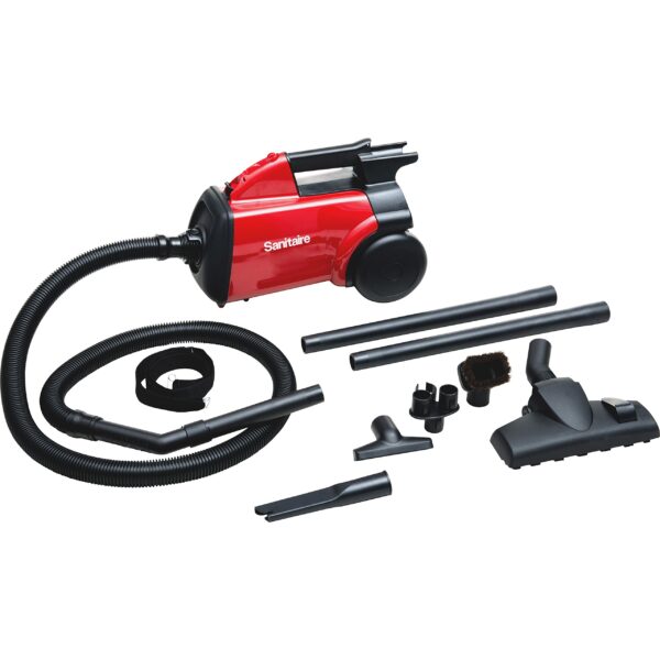 Compact, lightweight, and powerful canister vacuum designed for bare floors and hard surfaces. Includes carpet cleaning attachment, plastic wands, dusting brush, and crevice tool. Perfect for multi-surface cleaning jobs.