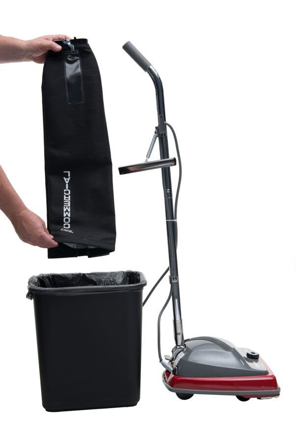 The Sanitaire SC679J Commercial shake out bag upright vacuum cleaner is lightweight (12 lb.), with a 5 amp motor delivering 120 cubic feet per minute (CFM) of airflow. It features an 18 dry quart capacity Tietex fabric shake-out bag that can be reused to save costs. The handle has an automatic locking system for usability, and it earned a CRI Seal of Approval for soil removal and indoor air quality.