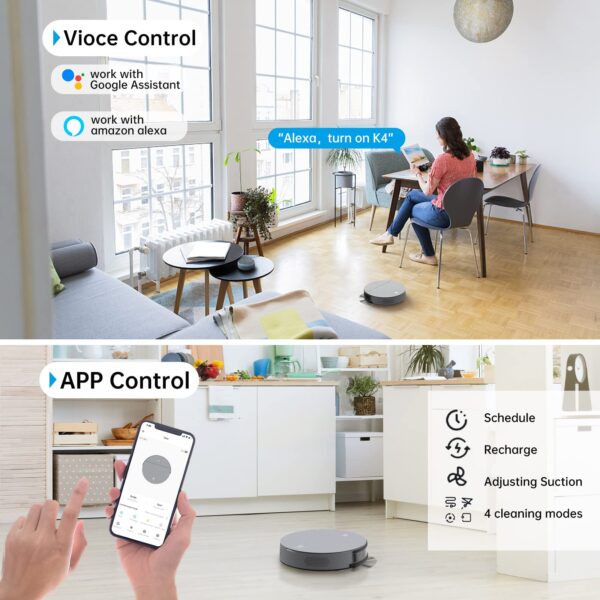OKP Robot Vacuum Cleaner, Super-Thin Design, 3600Pa Suction, 150Mins Runtime, Voice Control, Pet Hair, Carpets, OKP K4 - Image 4