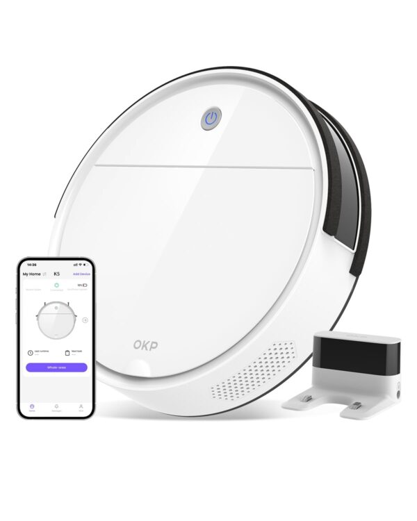 OKP Robot Vacuum Cleaner Tangle-Free Super Thin Low Noise Powerful Suction Cleaning Schedules Self-Charging Robotic Vacuums with Wi-Fi App Alexa Control Ideal for Pet Hair Carpets Hard Floors Brand OKP Size