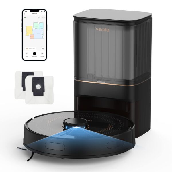 Verefa Robot Vacuum Self-Empty, Empties Itself for 70 Days, Lidar Navigation, 3000Pa, Smart Mapping, 270mins Runtime, Wi-Fi Connected, Perfect for Pet Hair, Carpet