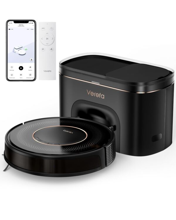 Verefa Robot Vacuum Self Emptying, 150Mins Runtime, Low Noise 53 dB, Slim Design, 3,200Pa Suction, WiFi/Alexa, Carpets, Pet Hair, Black